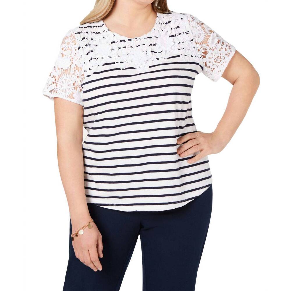 NEW CHARTER CLUB LUXURY striped embroidered top - plus in bright white combo